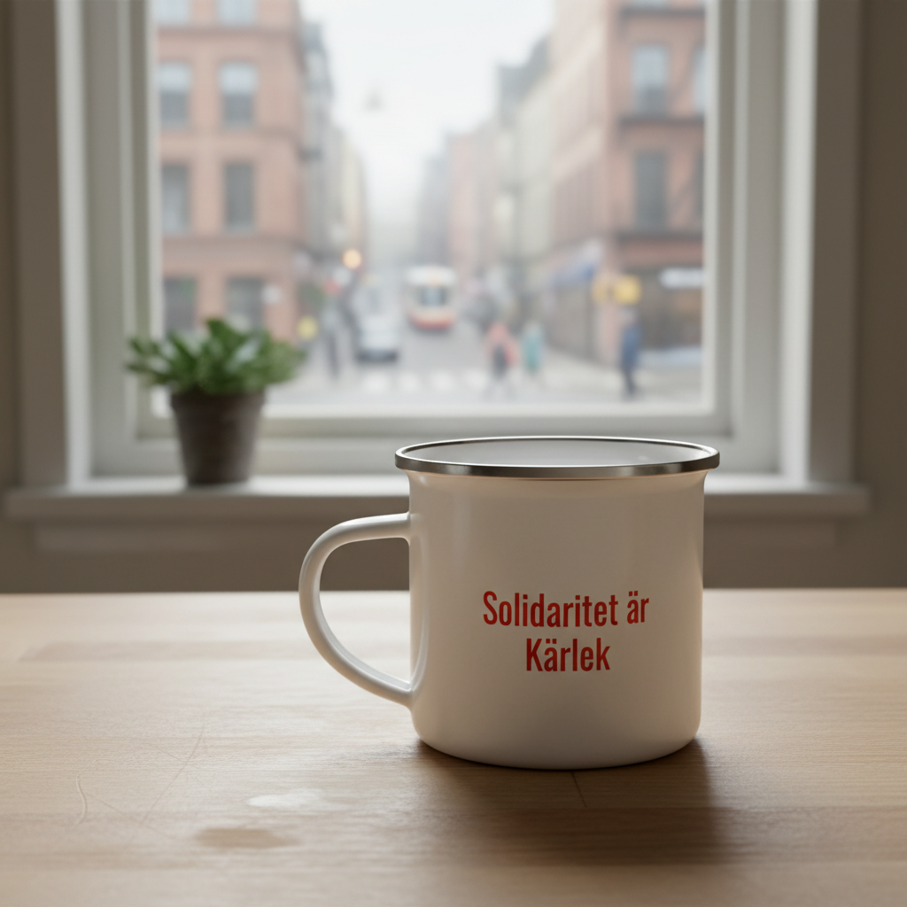 Solidaritet emaljmugg på köksbänk vid fönster med stadsvy, urban morgonkänsla