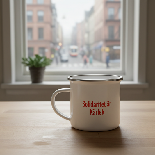 Solidaritet emaljmugg på köksbänk vid fönster med stadsvy, urban morgonkänsla