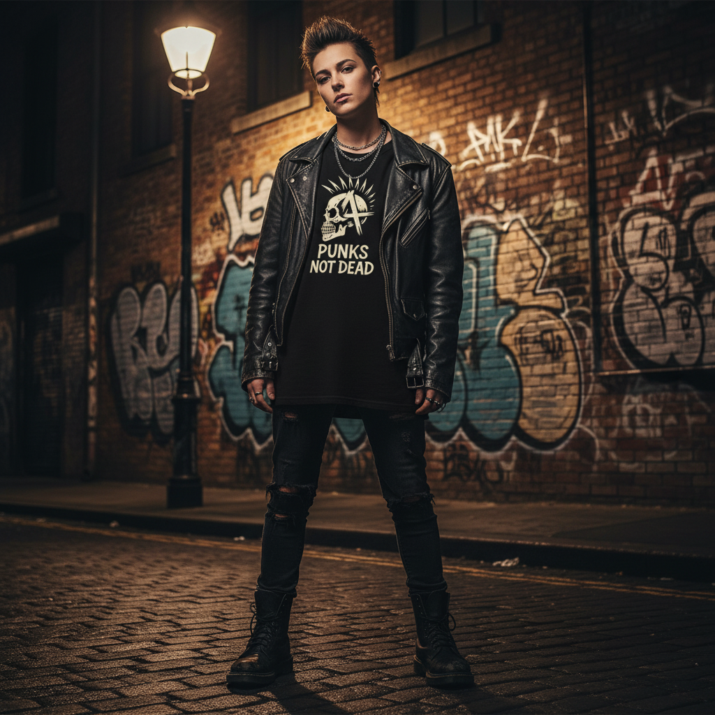Punks Not Dead Skull Tee - urban nattmiljö med graffitivägg